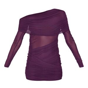 Purple mesh long sleeve one shoulder bodycon dress